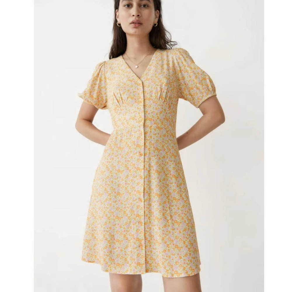 & Other Stories Yellow Printed Floral Buttoned Short Puff Sleeves Mini Dress